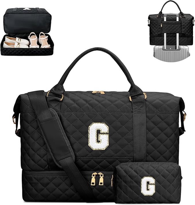 Gifts for Women Girls Birthday Christmas Initial Travel Duffle Bag Quilted Weekender Bags Carry-On Overnight with Cosmetic Bag, Gym Bag with Shoe Compartment, Black G