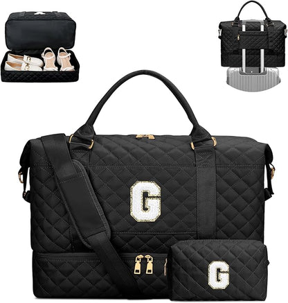 Gifts for Women Girls Birthday Christmas Initial Travel Duffle Bag Quilted Weekender Bags Carry-On Overnight with Cosmetic Bag, Gym Bag with Shoe Compartment, Black G