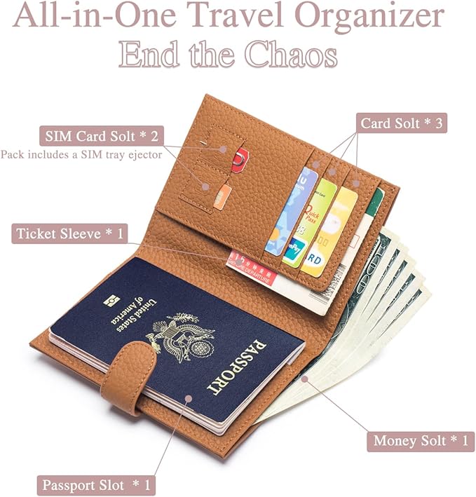 Leather RFID Passport Holder for Travel – Slim Passport Wallet for Women & Men with Card Slots, Zippered Coin Pocket, SIM Slot – Cash Slot Compact Travel Wallet Christmas Gift Box (Brown)