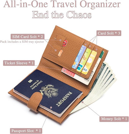 Leather RFID Passport Holder for Travel – Slim Passport Wallet for Women & Men with Card Slots, Zippered Coin Pocket, SIM Slot – Cash Slot Compact Travel Wallet Christmas Gift Box (Brown)