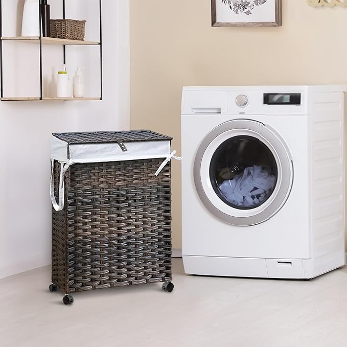 88L Slim Laundry Hamper with Wheels, 23.3 Gallon Rolling Laundry Basket with Lid, Tall and Narrow Laundry Hamper with 2 Removable Liner & 3 Mesh Bags, Laundry Sorter for Bathroom, Brown