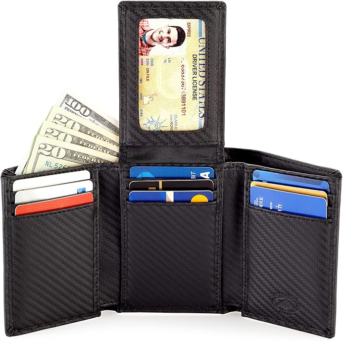 Stealth Mode Trifold Wallet - RFID Blocking Wallet with Flip ID Holder - Leather Case for Money, Credit Cards - Mens Organizer, Divided Billfold, Identity Protection - Men's Gifts (Carbon Fiber)