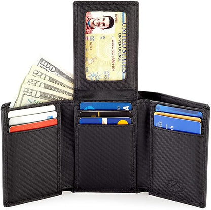 Stealth Mode Trifold Wallet - RFID Blocking Wallet with Flip ID Holder - Leather Case for Money, Credit Cards - Mens Organizer, Divided Billfold, Identity Protection - Men's Gifts (Carbon Fiber)