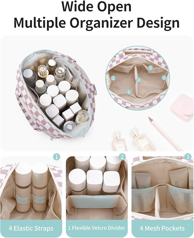 Narwey Travel Toiletry Bag, Wide-open Large Toiletry Bags for Traveling Women, Checkered Travel Bag for Toiletries Cosmetic Makeup Bag Organizer, Skincare Make Up Bag (Dusty Pink Checkerboard)