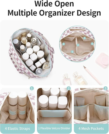 Narwey Travel Toiletry Bag, Wide-open Large Toiletry Bags for Traveling Women, Checkered Travel Bag for Toiletries Cosmetic Makeup Bag Organizer, Skincare Make Up Bag (Dusty Pink Checkerboard)