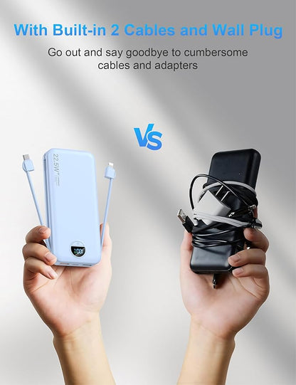 Portable Charger with Wall Plug, 12000mAh USB C Power Bank Fast Charging, External Battery Pack with Built in Cables, Digital Display, 5 Output 4 Input for iPhone Android Cell Phone Tablet