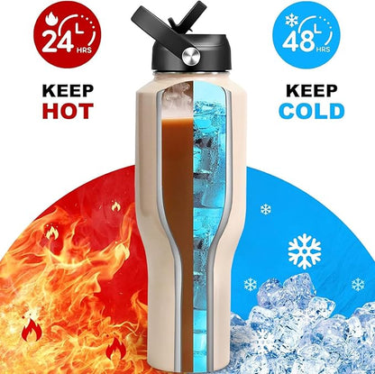 HYDROWION Water Bottle Stainless Steel,Vacuum Insulated Leak Proof Tumbler 32oz with Straw Lid, Spout Lid and Flex Cap(Cold for 48 Hrs, Hot for 24 Hrs), Fit in Any Car Cup Holder, Laser Pink