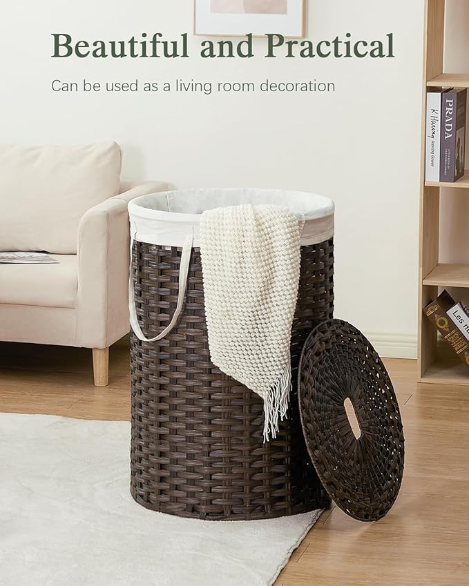 Large Laundry Hamper Laundry Basket Round 34.3 Gal (130 L) Handwoven Wicker Laundry Baskets Rattan Laundry Basket with Laundry Bag Handles 2 Mesh Bags for Living Room Bedroom Brown