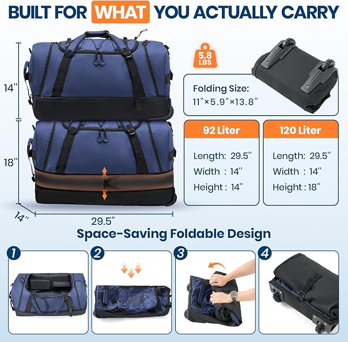 Fanwoli 92L 120L Large Rolling Duffle Bag with Shoes Compartment, 30’’ Expandable & Foldable Heavy Duty Water Resistant Travel Backpack, Convertible Foldable Duffel for Gym Camping Weekender