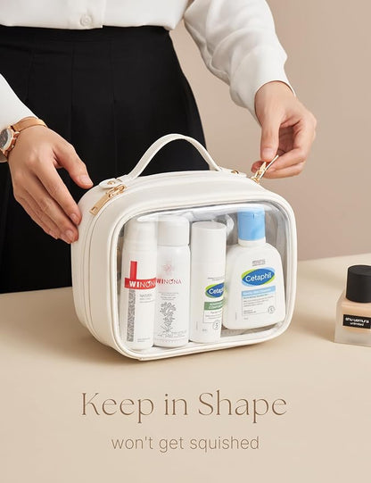 Clear Cosmetic Bag Double Layer Travel Toiletry Bag Clear Makeup Bag Case with 4 Compartments, Transparent Travel Bag for Toiletries, Large Toiletry Bag for Women Cosmetic Case (White, Small)