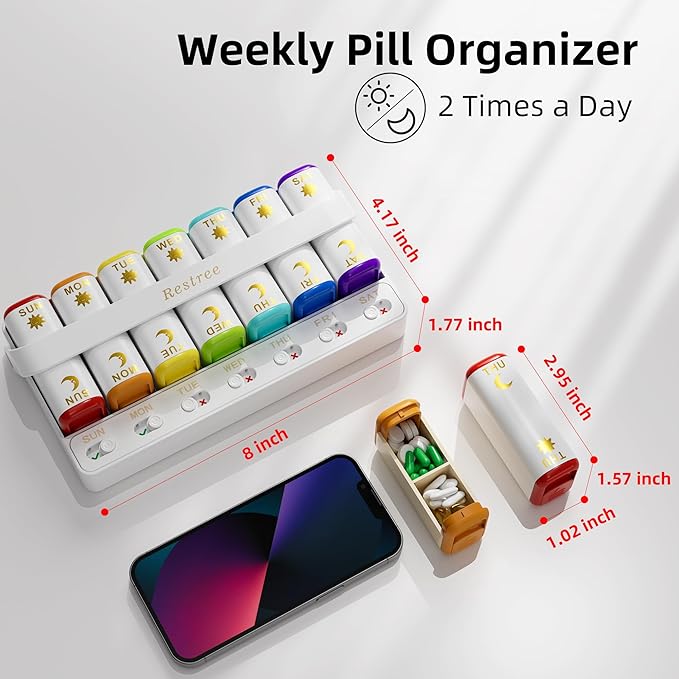 Restree Weekly Pill Organizer Two Time a Day, 7 Day Travel Pill Box, Daily Medicine Organizer, AM&PM Portable Pill Case for Vitamins Fish Oil/Supplements Medication Reminder Design (White)