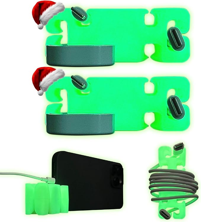 GlowBrick Stocking Stuffers for Adults Cord Management Weighted Cord Holder Cable Wrap Phone Stand - Glow-in-The-Dark Gadget Organizer for Nightstand. Gift for Men, Silicone. 2pk Glowing Yellow