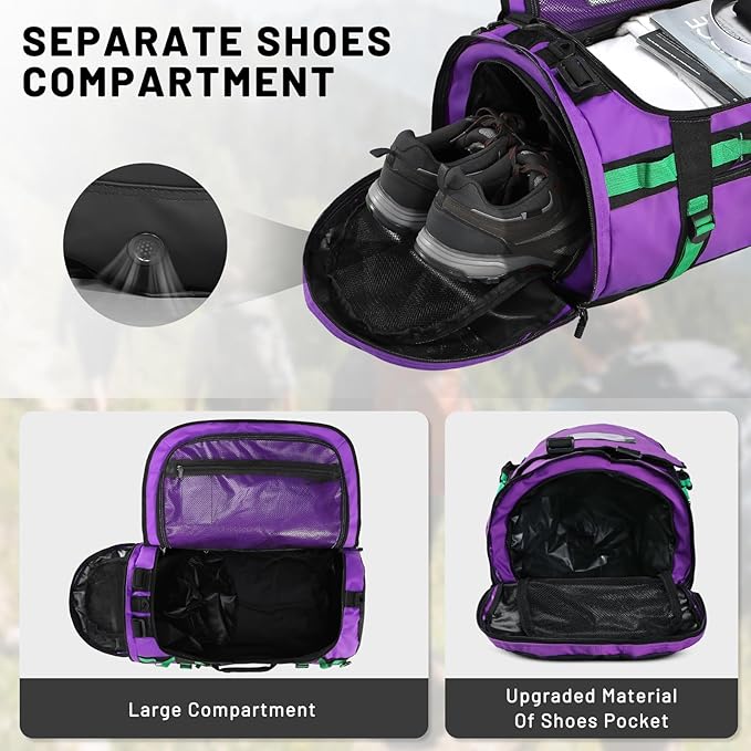 MIER Large Duffel Backpack Sports Gym Bag with Shoe Compartment, Heavy Duty and Water Resistant, Purple, 60L