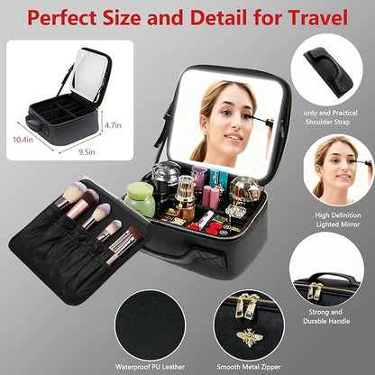 Travel Makeup Bag with Light Up Mirror, Portable Makeup Bag with Led Light Women Waterproof Makeup Travel Case adjustable dividers Rechargeable Vanity Mirror with 3 Color Lights (NO Shoulder Strap)