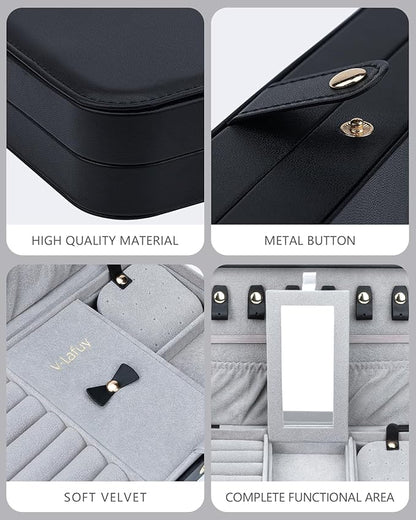Travel Jewelry Organizer with Mirror Portable Case Small Jewellery Box Gift for Women for Earrings Rings Necklaces, Black A-1