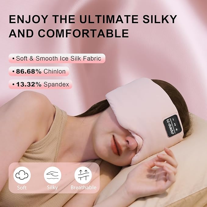 LC-dolida Sleep Mask with Bluetooth Headphones, Ice Silk Sleep Headphones with Bluetooth 5.4, Total Blackout Eye Mask for Sleeping, Sleep Soft Mask for Women Men, All Night Sleep, Travel(Pink)