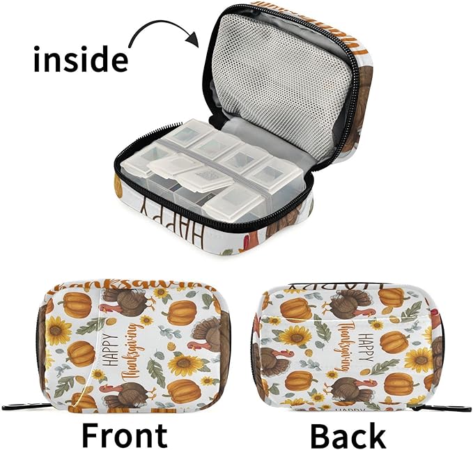 Thanksgiving Turkeys Sunflowers White Travel Pill Organizer Case Box Container Weekly Portable Vitamin Medicine Holder Storage Bag with Zipper Removable