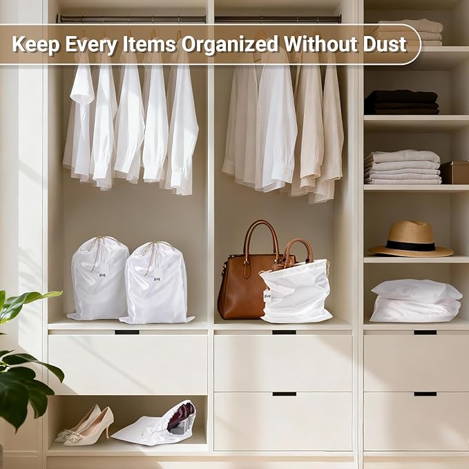 Ewen 11.8x15.7in Dust Bags for Shoes, 7 Pack of Dustproof Silky Bags with Drawstring for Sneakers Storage, White Satin Purse Storage Bags, Pouches Covers for Travel, Dust Cover Bag for Luxury Wallet