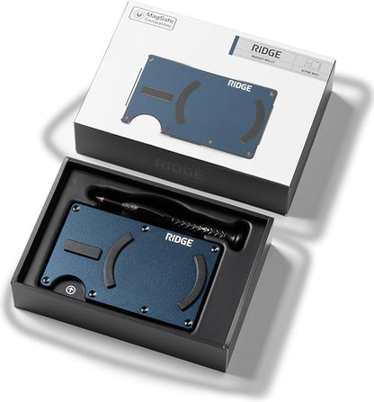 Ridge Wallets for Men Compatible with Magsafe - Slim Minimalist Compact Wallet and Card Holder, RFID Protected Front Pocket Wallets for Men with Integrated Cash Strap (Alpine Navy)