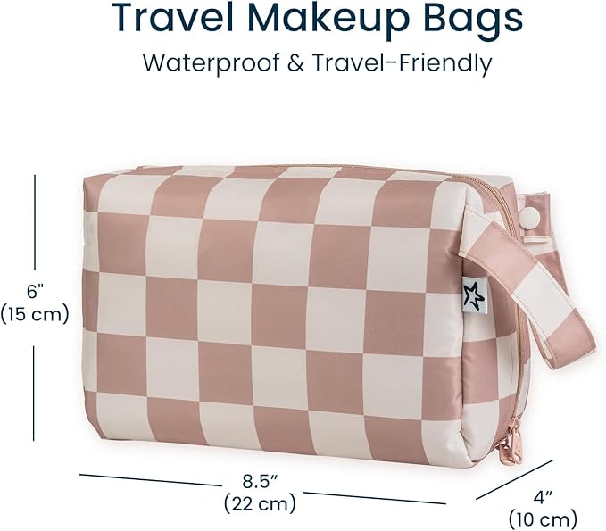 Tiny Twinkle Waterproof Travel Toiletry & Makeup Bag Organizer | Large Capacity Cosmetic Case with Compartments & Handle, A Thoughtful Travel Companion for Women（Beige Checkers