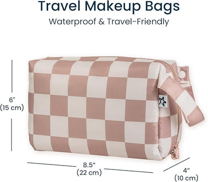Tiny Twinkle Waterproof Travel Toiletry & Makeup Bag Organizer | Large Capacity Cosmetic Case with Compartments & Handle, A Thoughtful Travel Companion for Women（Beige Checkers