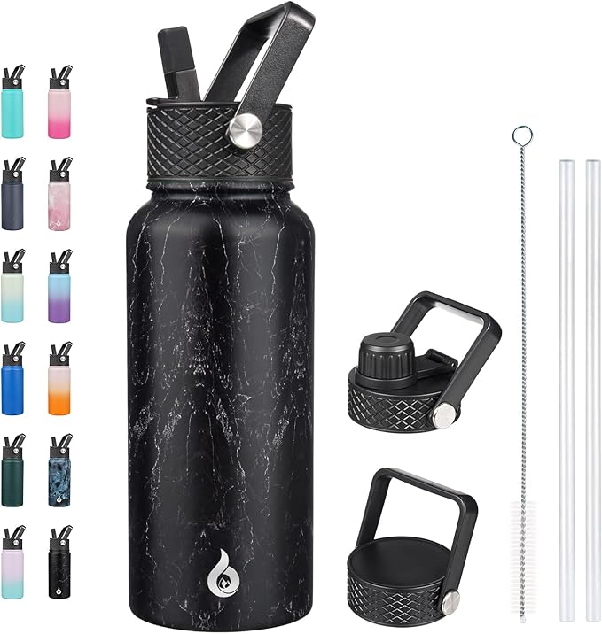 BJPKPK Insulated Water Bottles with Straw Lid, 32oz Metal Large Water Bottle with 3 Lids, Reusable Leak Proof BPA Free Thermo, Stainless Steel Tumblers for Sports, Gym, Travel-Midnight