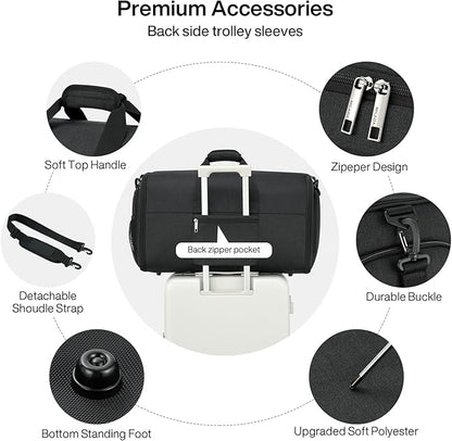 MILADA Convertible 2-in-1 Garment Duffel Weekender Bag Carry On Garment Bags for Travel Hanging Clothes Suit Bag Foldable Personal Item Business Overnight Bag with Shoe Compartment, Black