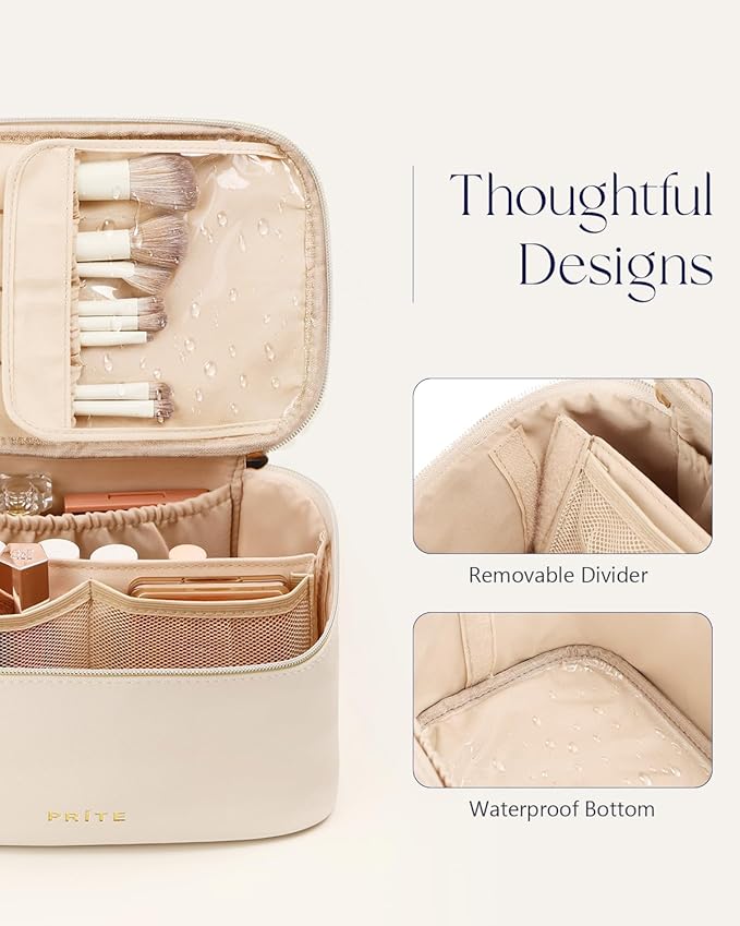 Prite Makeup Bag Portable Cosmetic Organizer with Brush Holder Waterproof Travel Toiletry Bag for Women with Handle and Divider (Beige)