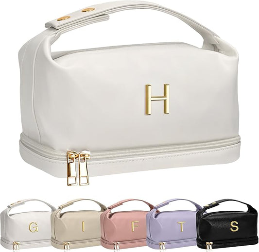 Makeup Bag with Handle, Waterproof Double Layer Cosmetic Bag, Large Capacity PU Leather Makeup Bags Letter Travel Toiletry Bag with Makeup Brush Organizer