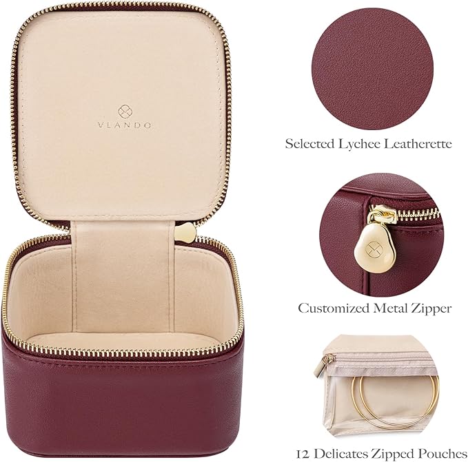 Vlando Travel Jewelry Box Organizer - 6 Small Velvet Zipped Pouches Pockets for Jewelries Necklaces Rings Earrings Sorting Storage, Burgundy