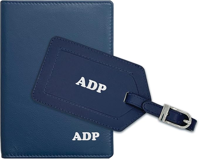 Personalized Monogrammed Navy Leather RFID Passport Wallet and Luggage Tag