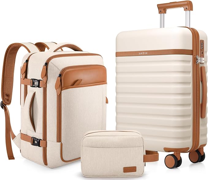 UKEIN Luggage Sets 3 Piece, PC Hardside Carry On Luggage 28 Inch With Spinner Wheels with TSA Lock, Carry On Suitcase Set With Travel Backpack for Men (Beige, 3 piece set (28inch))