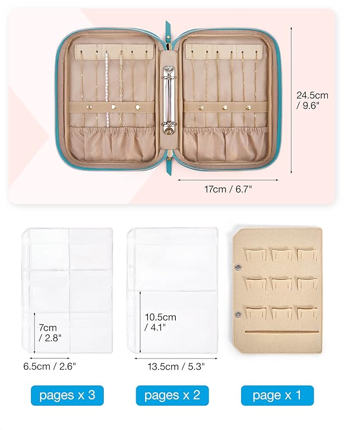 BAGSMART Jewelry Travel Organizer Case for Home Jewelry Organizer Storage Ring Binder Clear Bags Zipper Rolls Pouch for Necklaces, Earrings, Rings, Bracelets, Teal
