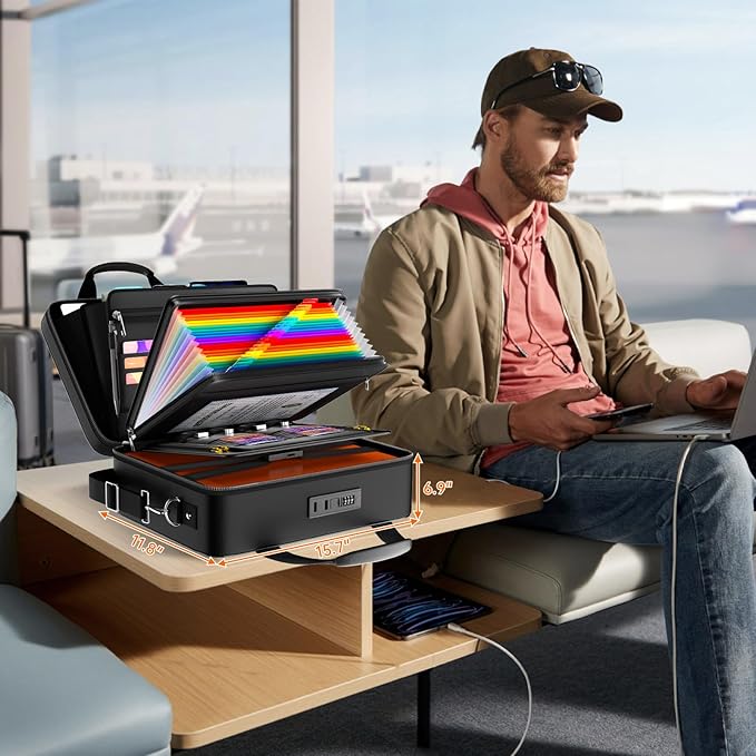 5200℉ Fireproof Document Box with lock, Hard-Shell Case File Organizer with 24 Pocket Accordion File Folder, Portable Safe Box with Shoulder Strap for Home Important Documents Laptop Black