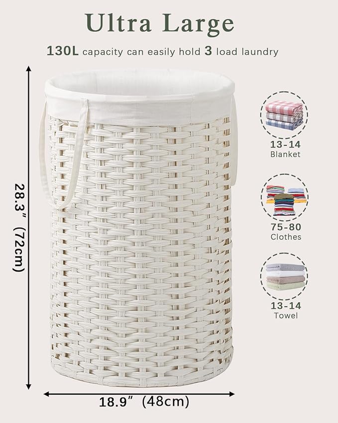 34.3 Gal (130 L) Large Laundry Hamper Laundry Basket Round Handwoven Wicker Laundry Baskets Rattan Laundry Basket with Removable Bag Handles 2 Mesh Bags for Living Room Bedroom White