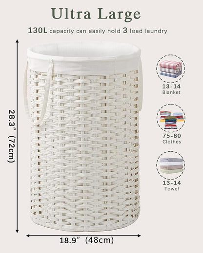 34.3 Gal (130 L) Large Laundry Hamper Laundry Basket Round Handwoven Wicker Laundry Baskets Rattan Laundry Basket with Removable Bag Handles 2 Mesh Bags for Living Room Bedroom White