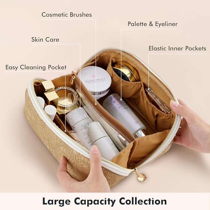 Prite Travel Cosmetic Bag Makeup Organizer Bag For Women Large Capacity Waterproof PU Leather Toiletry Bag with Handle and Clear Divider(Brown Flower)