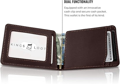 Kings Loot Wallet for Men | Minimalist Slim RFID Blocking Leather Design with Cash Pocket & Card Pull Strap | Holds 1-15 Cards | Stylish & Durable Wallets (Umber)