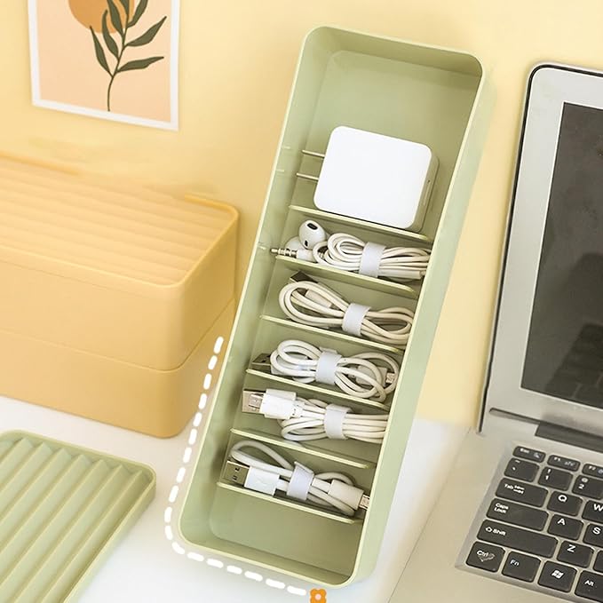 Cable Tidy Box Dual Layer Cord Organizer 14 Compartment Storage with Lid Dustproof Dampproof Stackable Charging Organizer