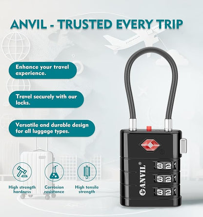 ANVIL TSA Approved Luggage Locks – High Security TSA008 Combination Travel Locks with Inspection Indicator for Suitcases and Backpacks. (8, Black)