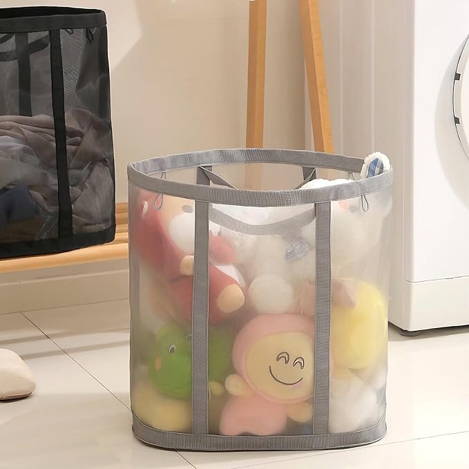 Mesh Bag with Handles, Collapsible Laundry Basket, Foldable Laundry Bag, Breathable Folding Beach Bag,Space-saving Travel Tote Bags (1, Black)