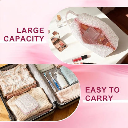 Small Makeup Bags, Cute Floral Cosmetic Pouch for Women and Girls, Quilted Travel Toiletry Bag Organizer, with Zipper, Handle and Compartments, Set of 2