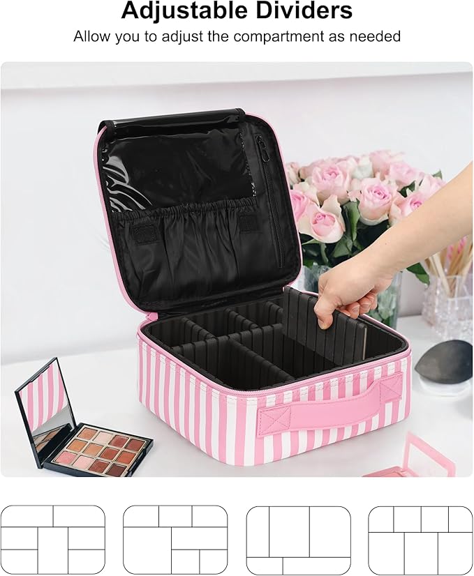 Relavel Travel Makeup Train Case, Cosmetic Case Makeup Organizer, Professional Artist Storage Bag with Adjustable Dividers for Cosmetics Brushes, Birthday Gifts for Girls and Women, Pink Stripe