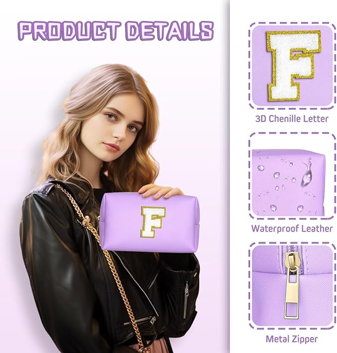 TOPEAST Personalized Makeup Bag, Chenille Letter Pouch Cosmetic Bag w Zipper, PU Leather Waterproof Toiletry Bag, Bridal Shower Gifts for Bridesmaids, Cute Stuff for Girls (Purple P)