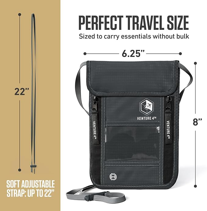 VENTURE 4TH Neck Wallet, RFID Blocking Passport Holder for Travel – Hidden Neck Pouch with 6 Compartments, Slim Lightweight Organizer with Adjustable Strap for Cash, Cards & Passport (Gray)