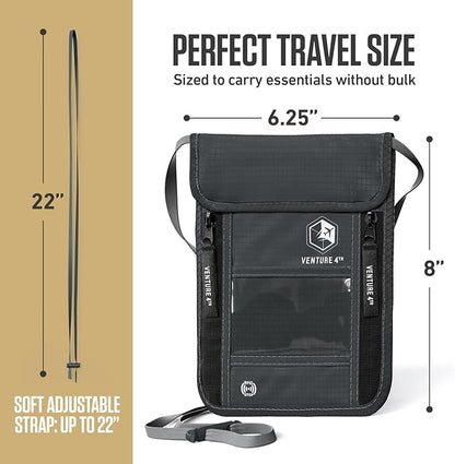 VENTURE 4TH Neck Wallet, RFID Blocking Passport Holder for Travel – Hidden Neck Pouch with 6 Compartments, Slim Lightweight Organizer with Adjustable Strap for Cash, Cards & Passport (Gray)