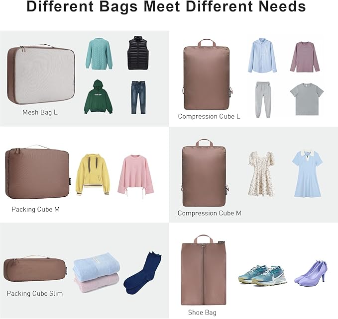 Bagail Ultralight Compression Cubes 7 Set - 3 Packing Cubes, 3 Organizers, and 1 Shoe Bag