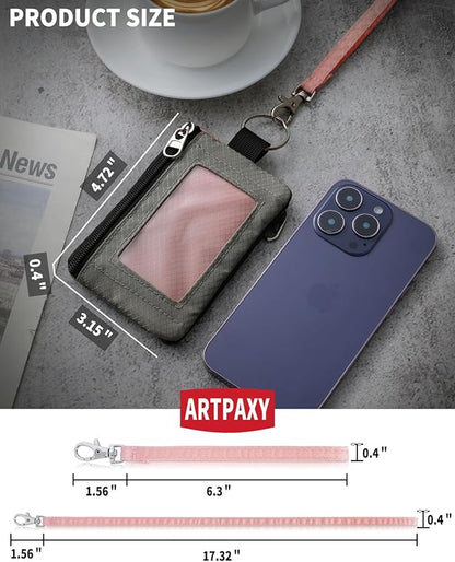 Minimalist Wallet For Mens Womens, Keychain RFID Blocking Zipper Small Wallet with ID Window 2 Lanyards,Water Resistant Travel Cash Card Coin Case Boys Girls