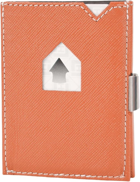Men's Wallet, Genuine Leather RFID Blocking Slim Money Clip Wallet Minimalist Front Pocket Tri-Fold Money Clip Credit Card Holder with Present Box Orange