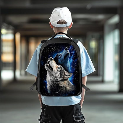 Wolf Backpack Wild 17 Inches Bookbag 3PCS Set with Lunch Box Pencil Case Daypack for Kids Boys